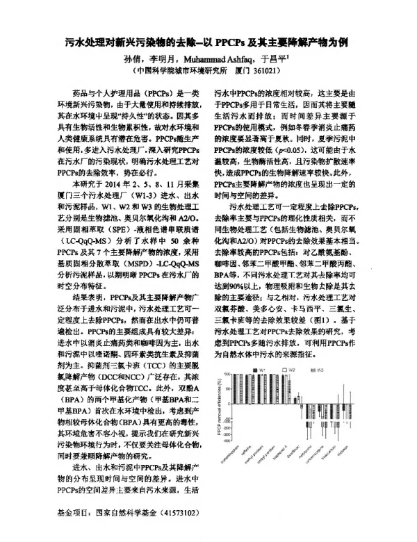 污水处理对新兴污染物的去除--以PPCPs及其主要降解产物为例