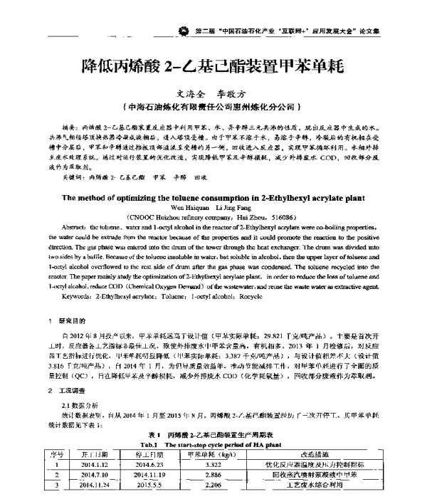 降低丙烯酸2-乙基己酯装置甲苯单耗