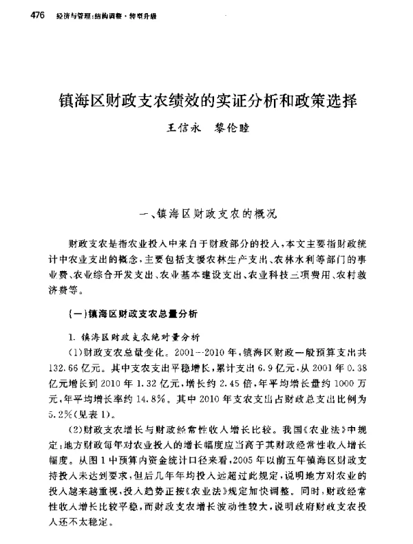 镇海区财政支农绩效的实证分析和政策选择