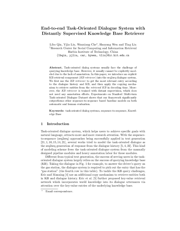 End-to-endTask-OrientedDialogueSystemwithDistantlySupervisedKnowledgeBaseRetriever