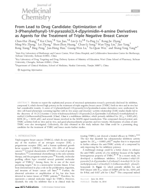FromLeadtoDrugCandidateOptimizationof3-(Phenylethynyl)-1H-pyrazolo[34-d]pyrimidin-4-amineDerivativesasAgentsfortheTreatmentofTripleNegativeBreastCancer