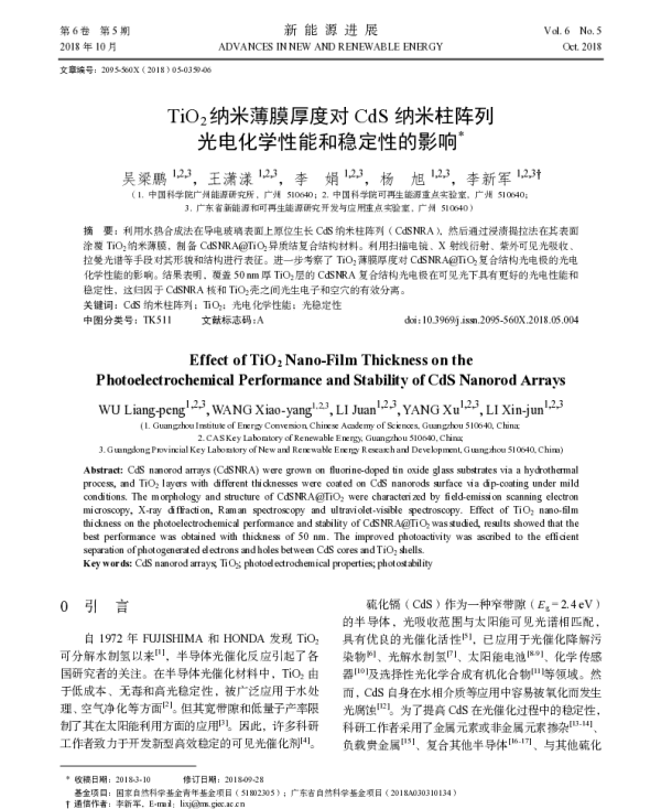 TiO2纳米薄膜厚度对CdS纳米柱阵列光电化学性能和稳定性的影响