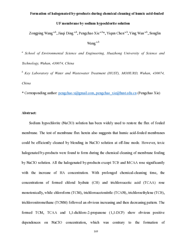 Formationofhalogenatedby-productsduringchemicalcleaningofhumicacid-fouledUFmembranebysodiumhypochloritesolution