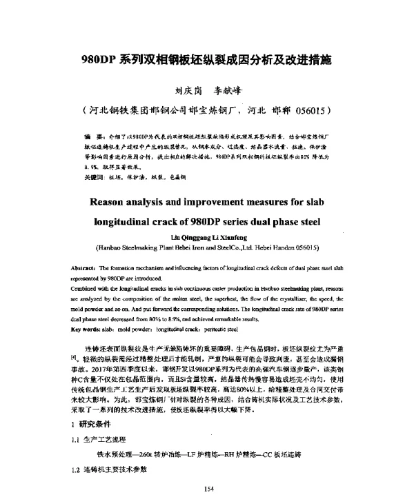 980DP系列双相钢板坯纵裂成因分析及改进措施