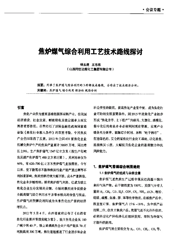 焦炉煤气综合利用工艺技术路线探讨