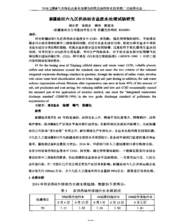 新疆油田六九区供热站含盐废水处理试验研究