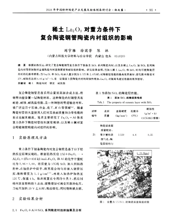 稀土La2O3对重力条件下复合陶瓷钢管陶瓷内衬组织的影响