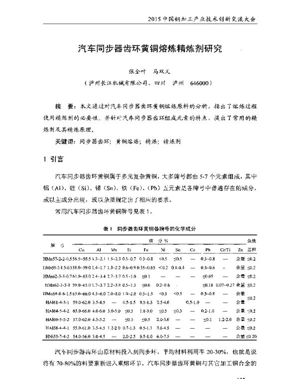 汽车同步器齿环黄铜熔炼精炼剂研究