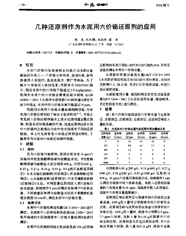 几种还原剂作为水泥用六价铬还原剂的应用