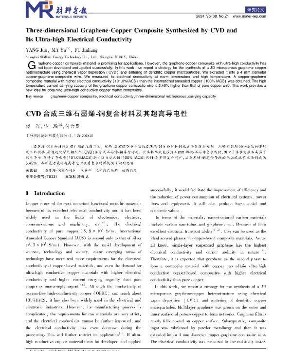 CVD合成三维石墨烯-铜复合材料及其超高导电性