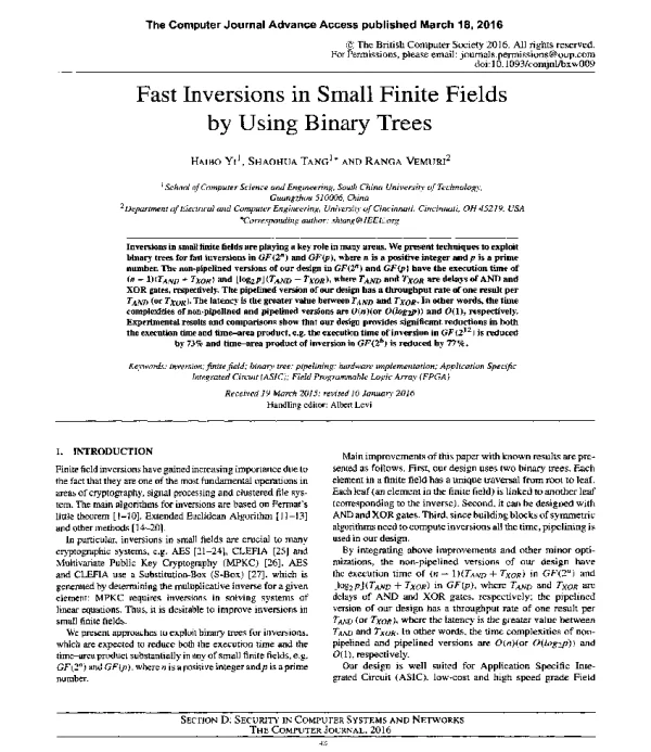 FastInversionsinSmallFiniteFieldsbyUsingBinaryTrees