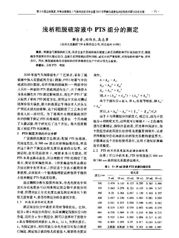 浅析粗脱硫溶液中PTS组分的测定