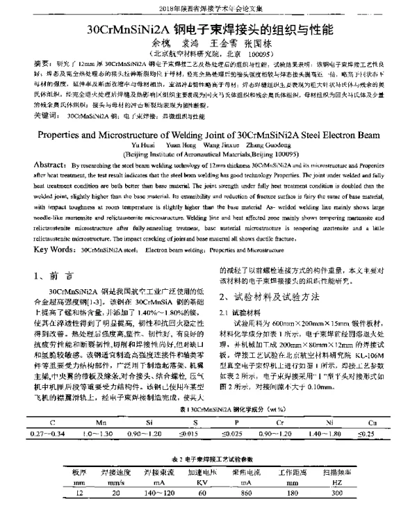 30CrMnSiNi2A钢电子束焊接头的组织与性能