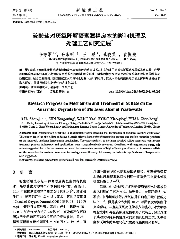 硫酸盐对厌氧降解糖蜜酒精废水的影响机理及处理工艺研究进展