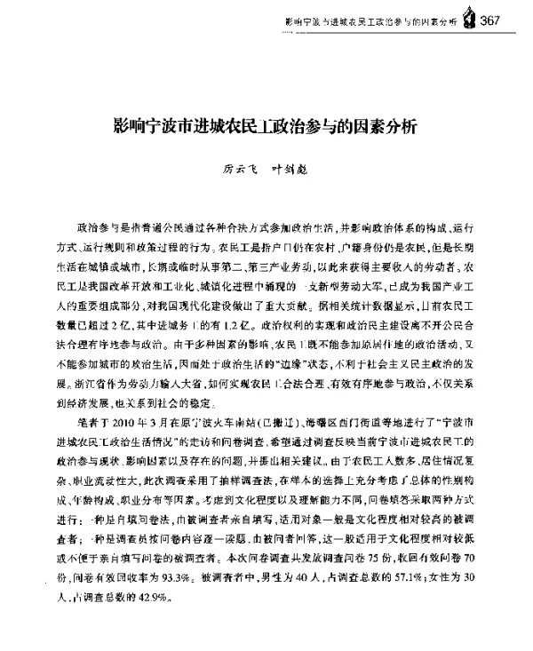 影响宁波市进城农民工政治参与的因素分析