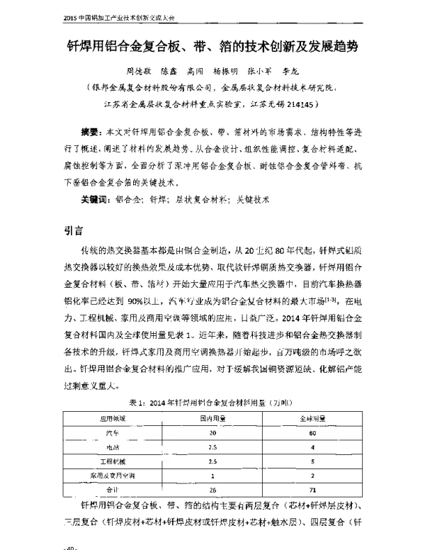 钎焊用铝合金复合板、带、箔的技术创新及发展趋势