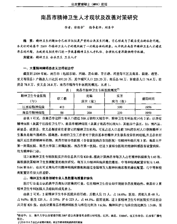 南昌市精神卫生人才现状及改善对策研究