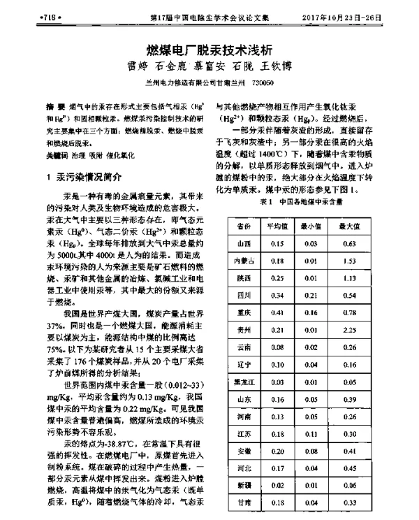燃煤电厂脱汞技术浅析
