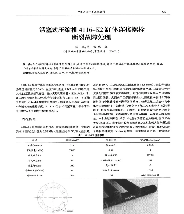 活塞式压缩机4116-K2缸体连接螺栓断裂故障处理