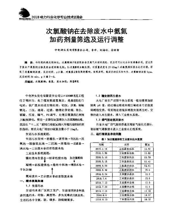次氯酸钠在去除废水中氨氮加药剂量筛选及运行调整