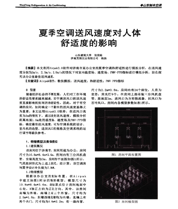 夏季空调送风速度对人体舒适度的影响
