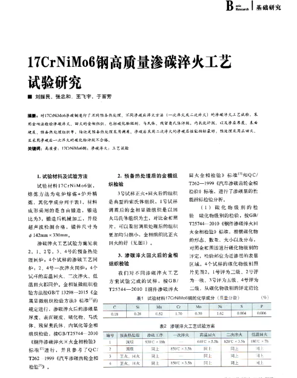 17CrNiMo6钢高质量渗碳淬火工艺试验研究