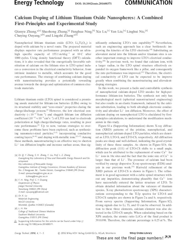 CalciumDopingofLithiumTitaniumOxideNanospheresACombinedFirst-PrinciplesandExperimentalStudy