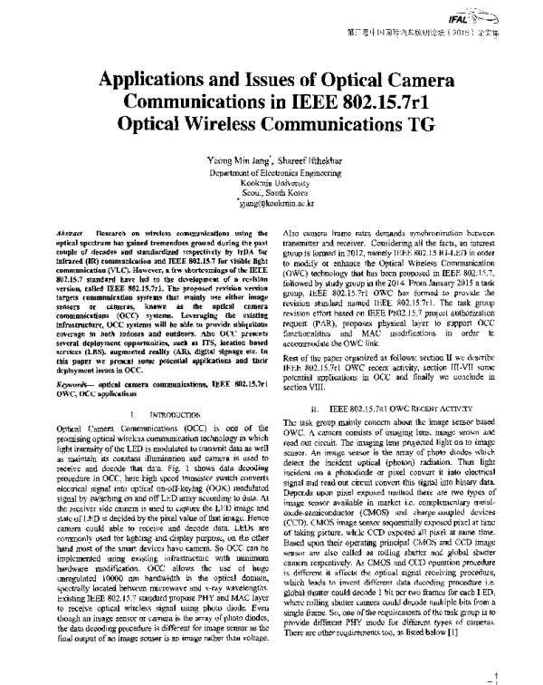 ApplicationsandIssuesofOpticalCameraCommunicationsinIEEE802.15.7r1OpticalWirelessCommunicationsTG