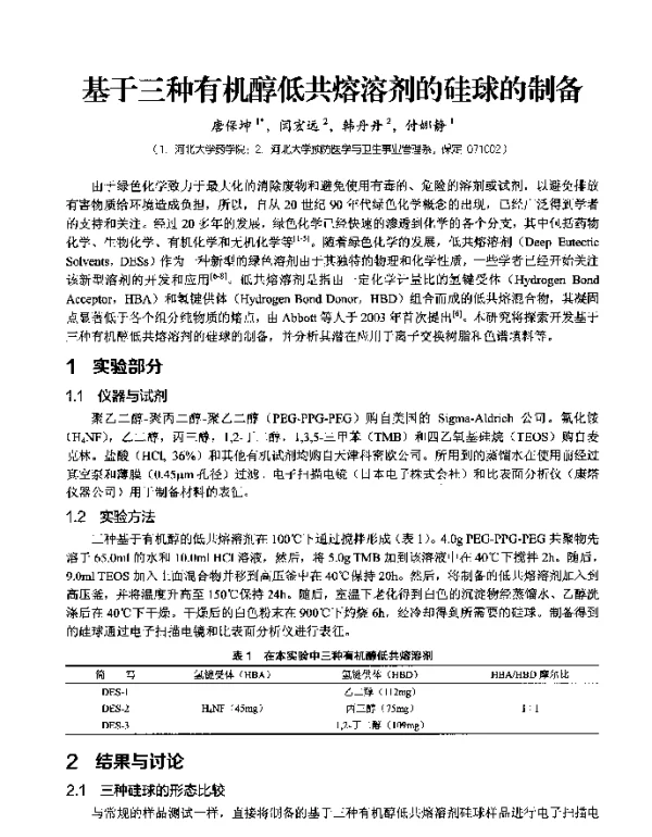 基于三种有机醇低共熔溶剂的硅球的制备