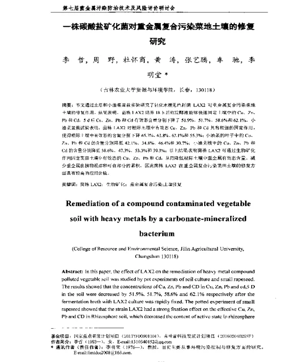 一株碳酸盐矿化菌对重金属复合污染菜地土壤的修复研究