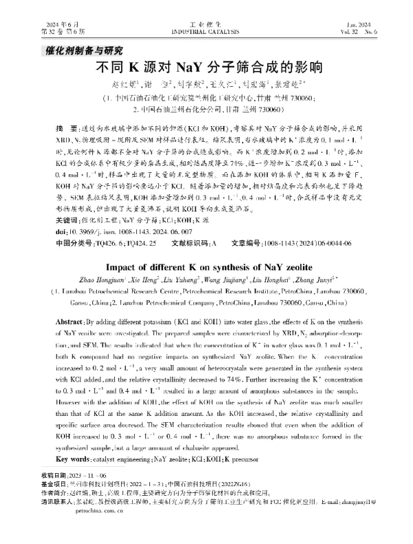 不同K源对NaY分子筛合成的影响