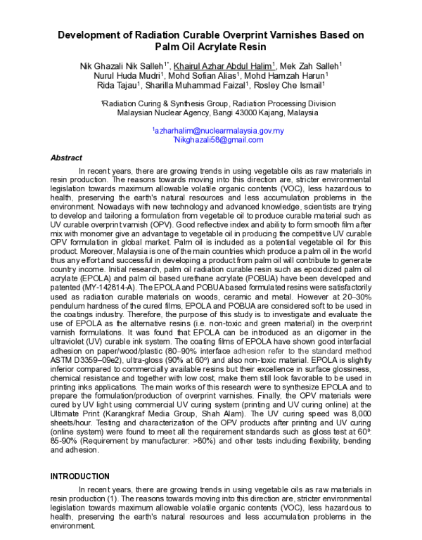 DevelopmentofRadiationCurableOverprintVarnishesBasedonPalmOilAcrylateResin