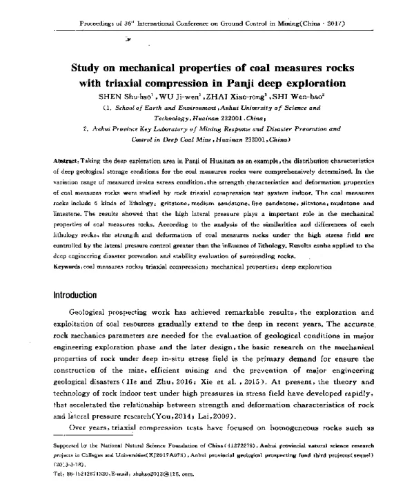StudyonmechanicalpropertiesofcoalmeasuresrockswithtriaxialcompressioninPanjideepexploration