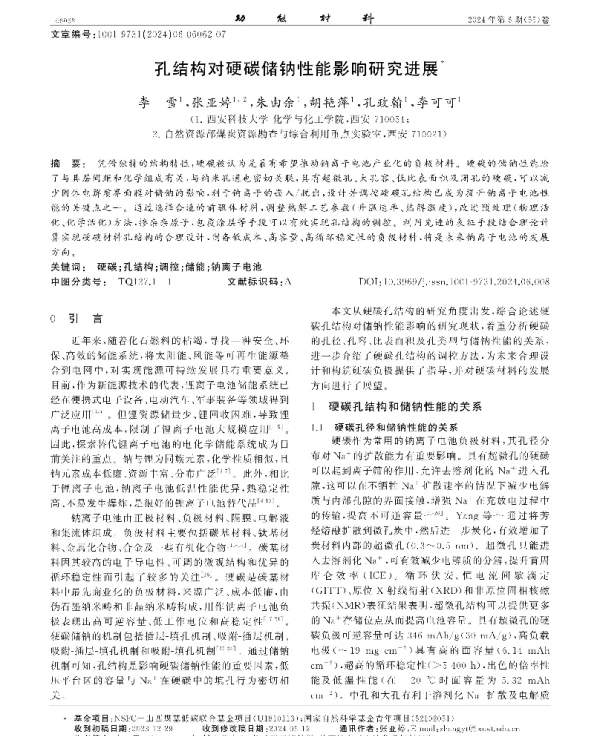 孔结构对硬碳储钠性能影响研究进展