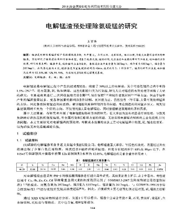 电解锰渣预处理除氨硫锰的研究