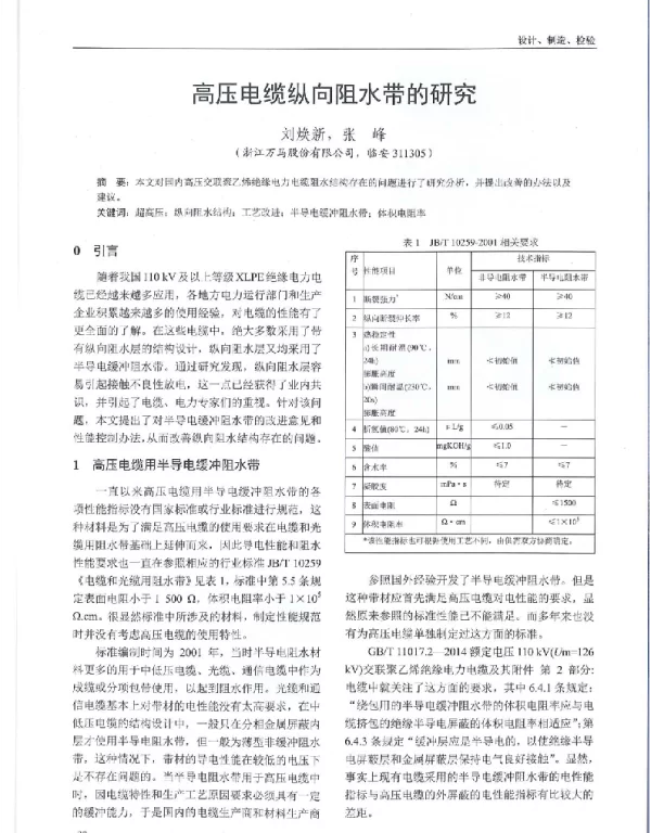 高压电缆纵向阻水带的研究