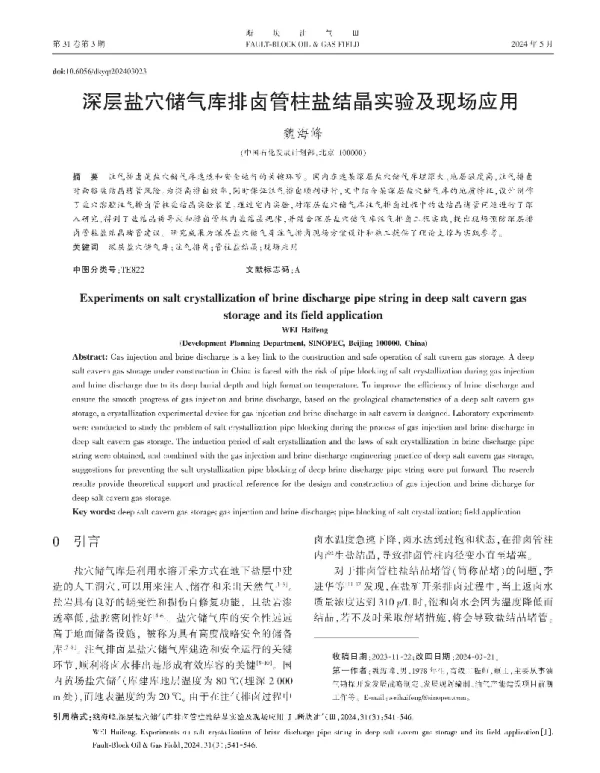 深层盐穴储气库排卤管柱盐结晶实验及现场应用