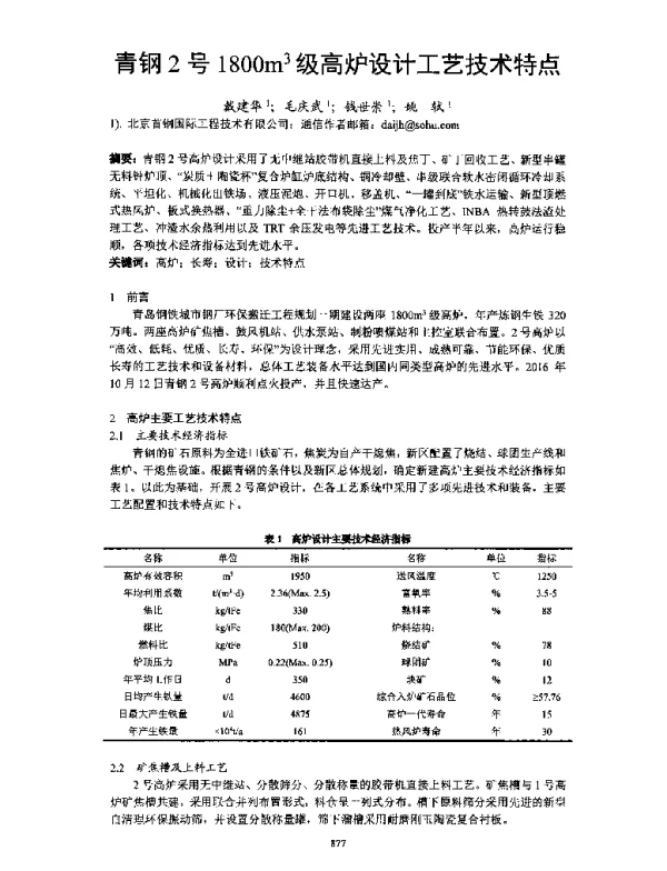 青钢2号1800m3级高炉设计工艺技术特点