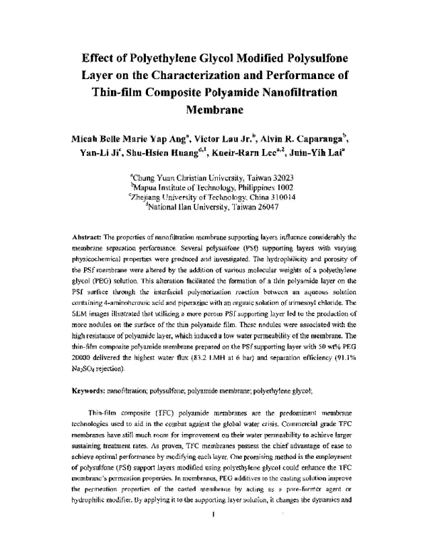 EffectofPolyethyleneGlycolModifiedPolysulfoneLayerontheCharacterizationandPerformanceofThin-filmCompositePolyamideNanofiltrationMembrane