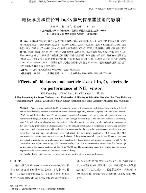 电极厚度和粒径对In2O3氨气传感器性能的影响