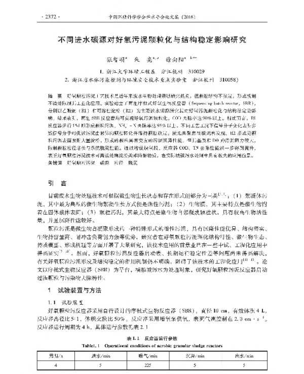 不同进水碳源对好氧污泥颗粒化与结构稳定影响研究
