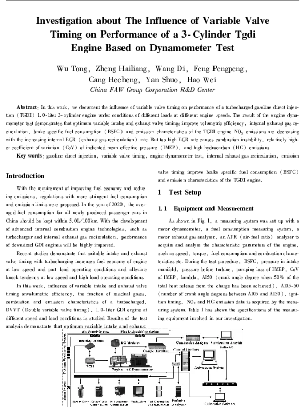 InvestigationaboutTheInfluenceofVariableValveTimingonPerformanceofa3-CylinderTgdiEngineBasedonDynamometerTest