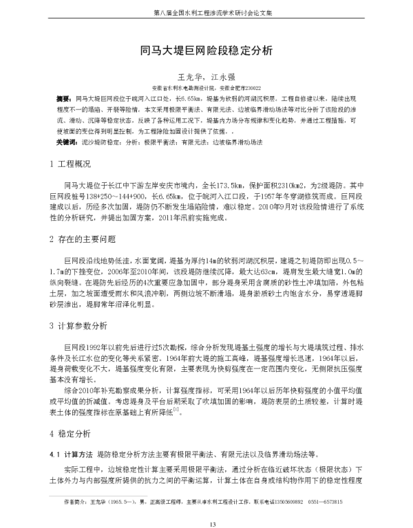 同马大堤巨网险段稳定分析