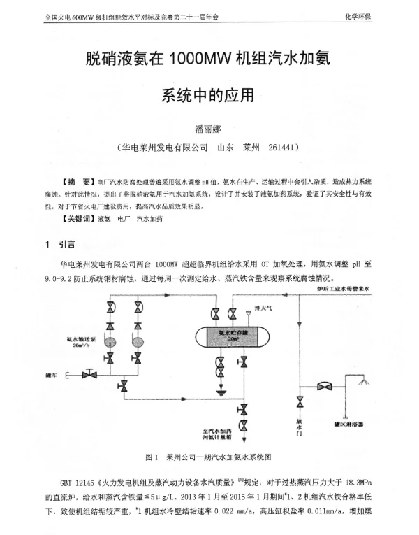 脱硝液氨在1000MW机组汽水加氨系统中的应用
