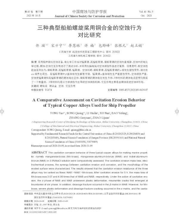 三种典型船舶螺旋桨用铜合金的空蚀行为对比研究