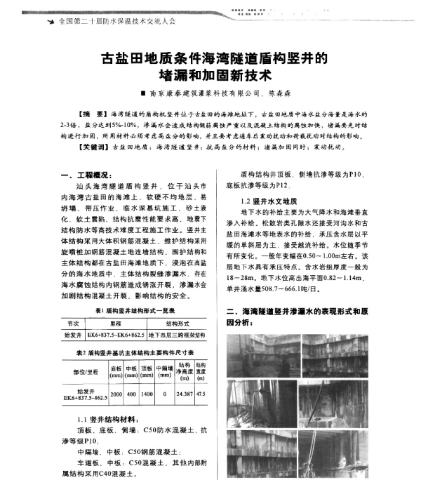 古盐田地质条件海湾隧道盾构竖井的堵漏和加固新技术