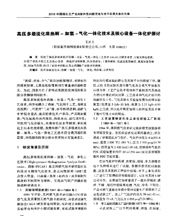 高压多级流化床热解-加氢-气化一体化技术及核心设备一体化炉探讨