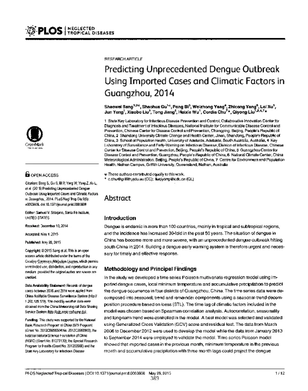 PredictingUnprecedentedDengueOutbreakUsingImportedCasesandClimaticFactorsinGuangzhou2014