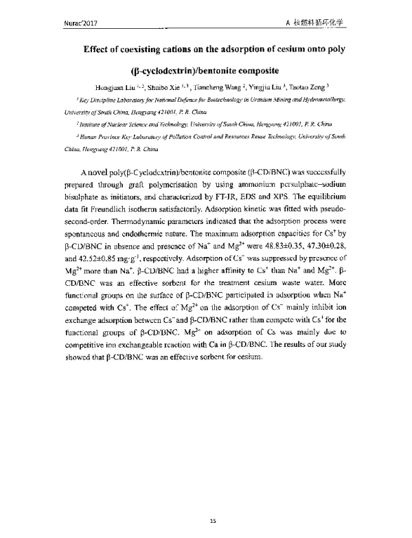 Effectofcoexistingcationsontheadsorptionofcesiumontopoly(β-cyclodextrin)bentonitecomposite