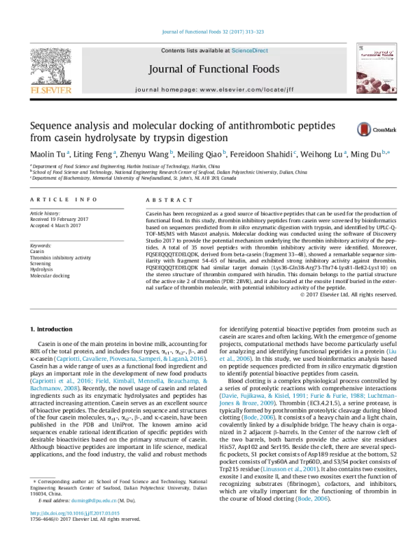 Sequenceanalysisandmoleculardockingofantithromboticpeptidesfromcaseinhydrolysatebytrypsindigestion